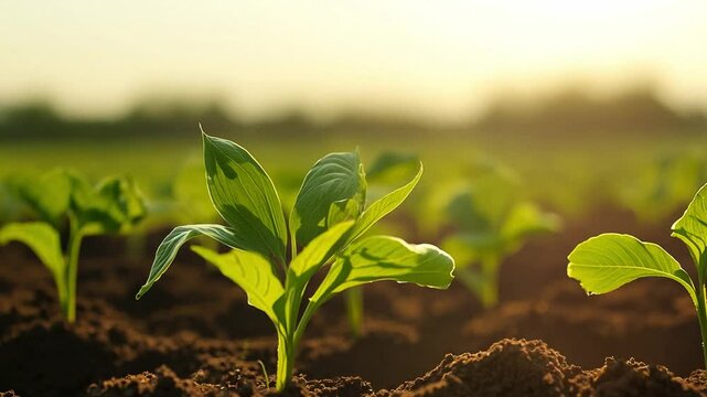 Lots of green seedlings growing on arable land in future-oriented food production.