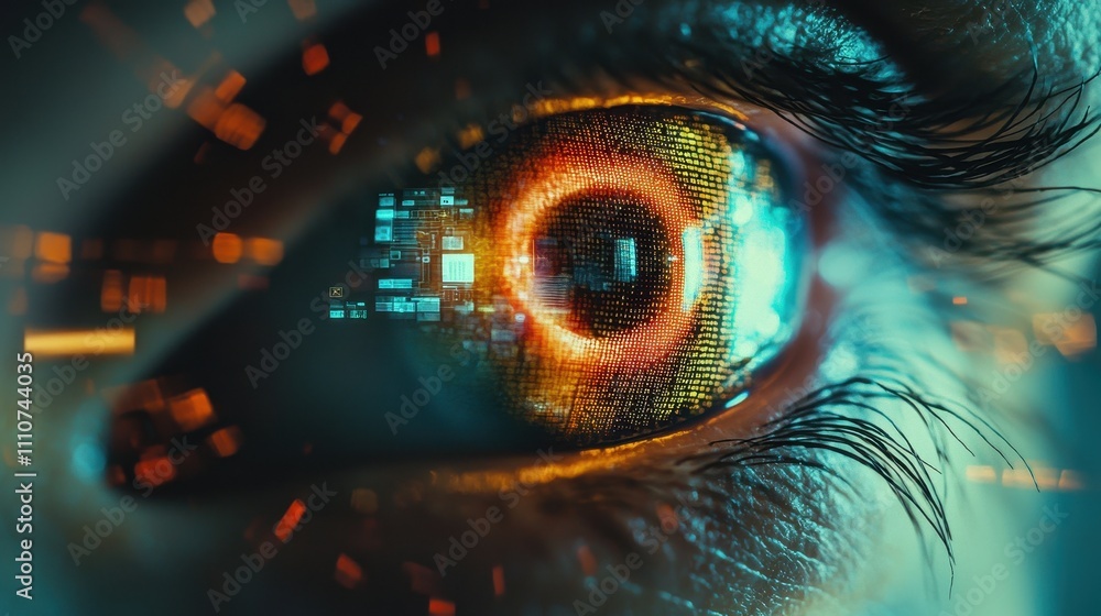 Poster captivating eye with multi-layered digital elements and authentic visual features