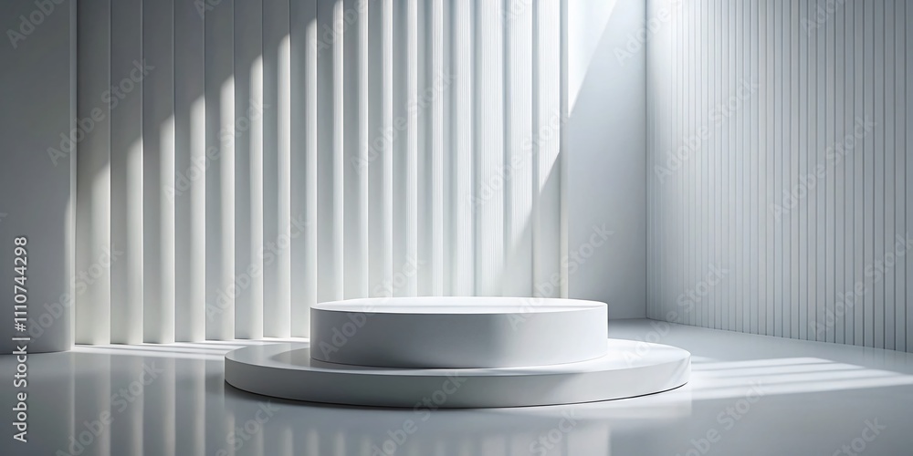 Poster minimalistic white podium showcase for product display, 3d rendered presentation with soft lighting 