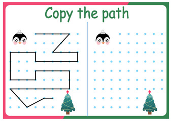 activities for children. Copy the path. Logic games for children. Vector illustration. The book is square format. New Year. Christmas