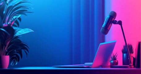 Neon Lit Studio Setup With Microphone And Laptop