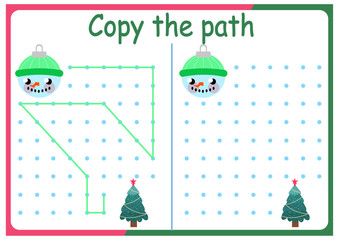 activities for children. Copy the path. Logic games for children. Vector illustration. The book is square format. New Year. Christmas