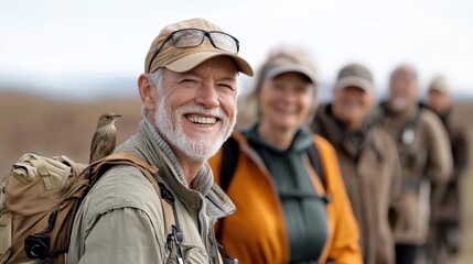Fototapeta premium group of seniors enjoying nature walk, smiling and observing wildlife. camaraderie and joy of exploring outdoors together is evident
