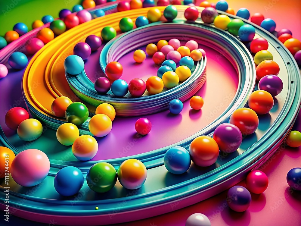Poster minimalist panoramic photography of endless colorful spheres on a circle track, ideal for abstract b
