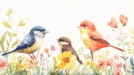 Watercolor Painting of Birds in a Garden