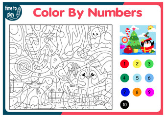 children's educational tasks, games. puzzle. coloring by numbers. Christmas tree. Christmas balls. penguin. deer.	
