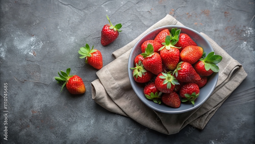 Aufkleber minimalist presentation of fresh ripe strawberries in a simple bowl on a gray napkin with ample copy