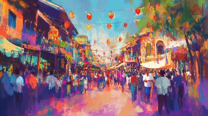 Vibrant street scene with colorful buildings, people, and lanterns.