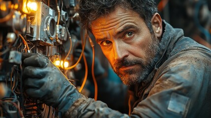 Obraz premium The electrician is busy working with the equipment.