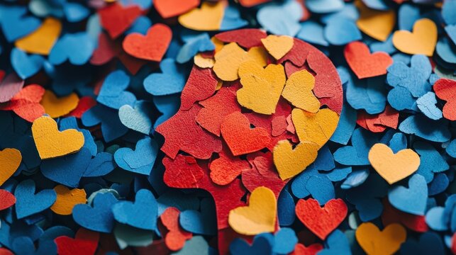 Creative Representation of Mental Health with Colorful Paper Hearts and Human Silhouette