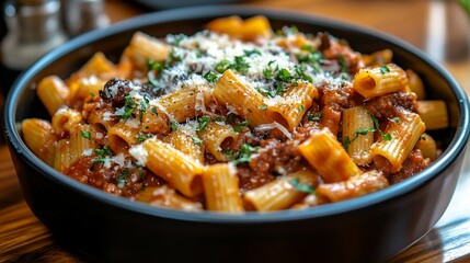 Close-up of a bowl of delicious pasta with meat sauce, parmesan cheese, and parsley.
