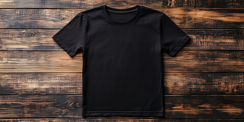 plain black t shirt  for mockups photorealistic on wood table, top view