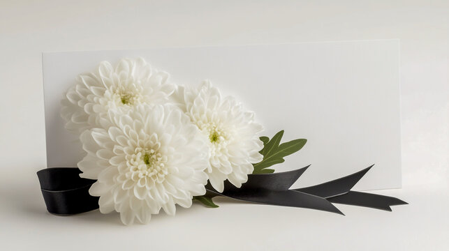 An elegant condolence card design featuring delicate white chrysanthemums as the focal point