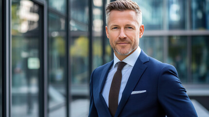 confident man in tailored suit stands outside modern building, exuding professionalism and charisma. His stylish appearance complements urban backdrop
