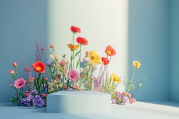 empty podium with colorful flowers 