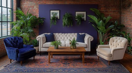 Elegant living room interior with tufted sofas, coffee table, plants, and rug.