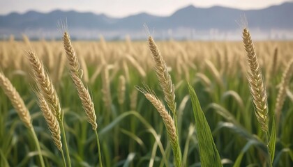 Obraz premium Macro shot of young wheat panicles in a wheat farm, shot, farm