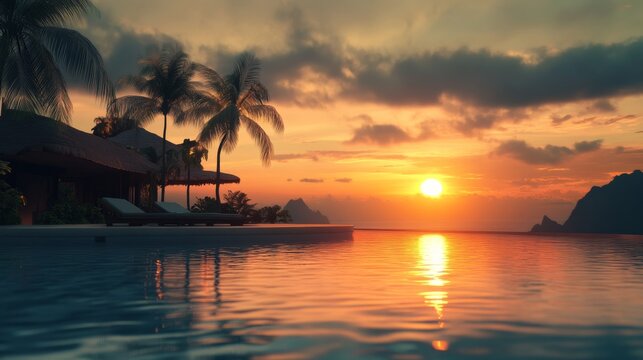 Sunset over a luxury vacation resort with a private pool