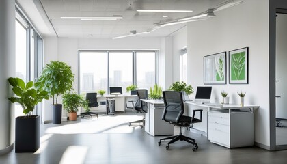 Focused Serenity: A Sleek Office with Green Flourishes