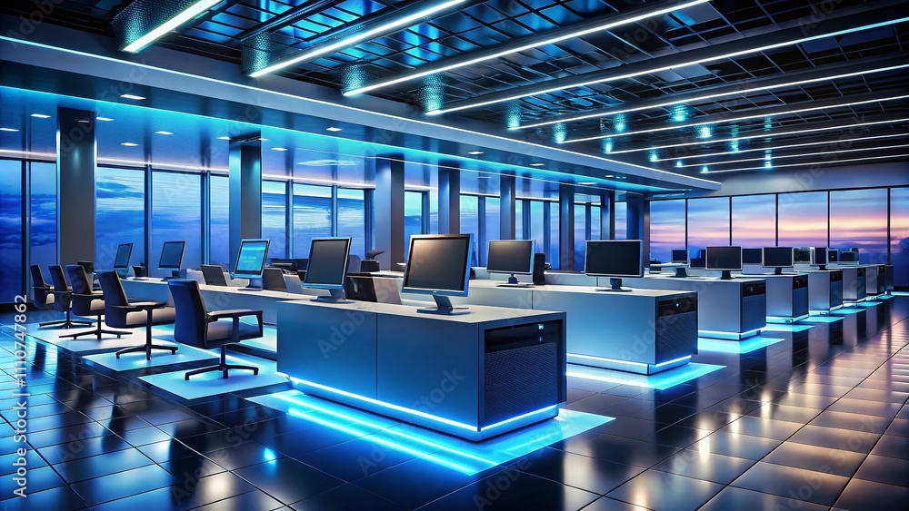Poster modern empty check-in area featuring rows of desks and computers under soft night lighting, evoking 