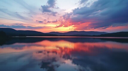 Naklejka premium Sunset over a peaceful lake with colorful skies reflected in the water