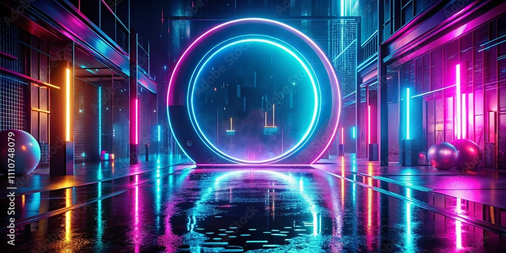 Poster modern futuristic neon abstract background with large central object and dark scene featuring neon l