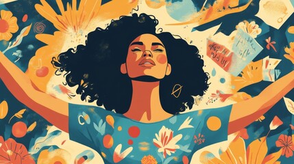 Woman with Afro Hair Surrounded by Flowers: A Digital Illustration