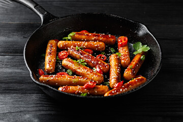 Sticky Teriyaki Sausages with sesame seeds, chili and herbs in a cast iron pan