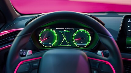 The dashboard of the car with green arrows with a speedometer to monitor the condition of the vehicle in modern style on pink isolated background