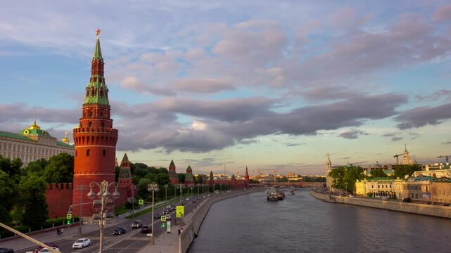 Stunning view of the Moscow Kremlin and Moscow River, showcasing the historic fortress and the scenic river with the city&rsquo;s iconic architecture in the background. Russia&rsquo;s rich history and culture.