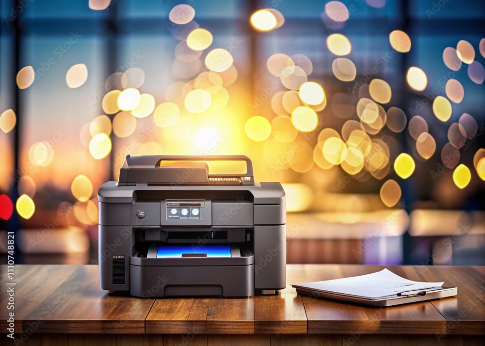Poster modern multifunction office printer with led light in a bokeh effect setting, showcasing versatility