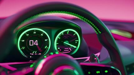 The dashboard of the car with green arrows with a speedometer to monitor the condition of the vehicle in modern style on pink isolated background