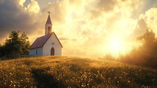 Sunset church on a hilltop field.