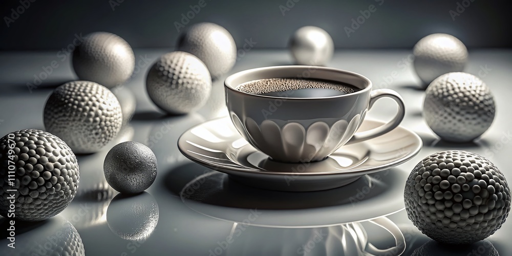 Poster monochrome abstract 3d render featuring a coffee cup and spheres with dynamic light and shadow play 