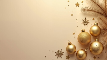 Elegant Gold Christmas Decorations Featuring Baubles and Snowflakes on a Beige Background for a Sophisticated Holiday Atmosphere with Space for Text