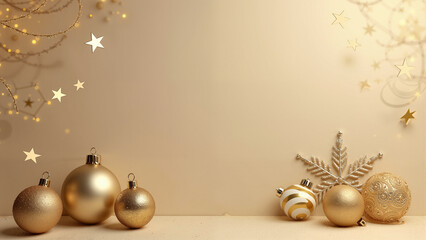 Elegant Gold Christmas Decorations Featuring Baubles and Snowflakes on a Beige Background for a Sophisticated Holiday Atmosphere with Space for Text
