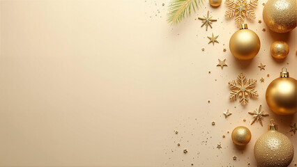 Elegant Gold Christmas Decorations Featuring Baubles and Snowflakes on a Beige Background for a Sophisticated Holiday Atmosphere with Space for Text
