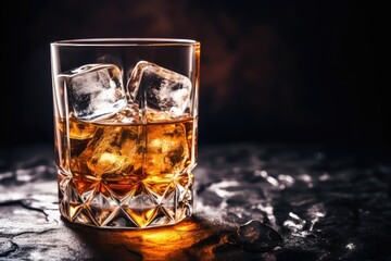 Iced Whiskey Glass on Black Stone Background, Luxury Bourbon with Ice Cubes, Cold Brandy, Whisky