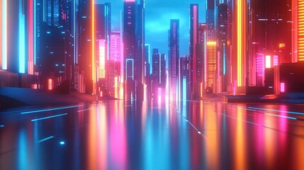 Neon Cityscape with Colorful Lights and Reflections