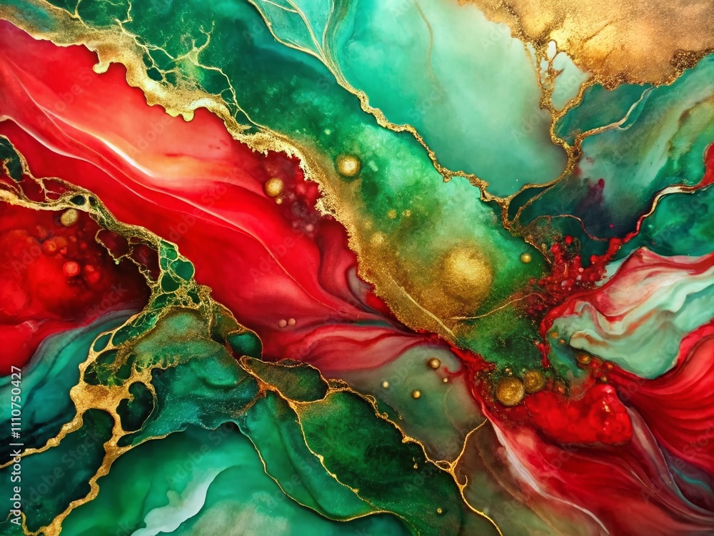 Poster natural abstract fluid art painting in alcohol ink technique with red and green colors creating wave