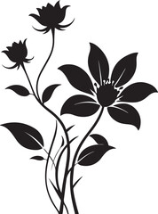 Black and white silhouette of two carnations growing on curved stems with leaves