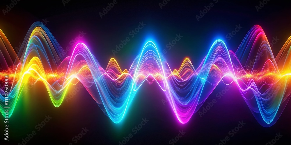 Aufkleber neon multi-colored sound waves in dynamic rhythmic motion representing music with glowing energy and