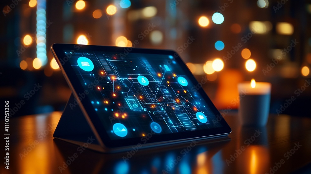Poster tablet displaying digital network interface at night.