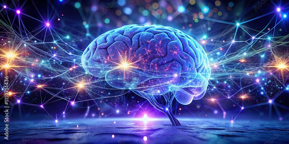 Poster night photography of a digital brain with interconnected neurons and glowing synapses, capturing the