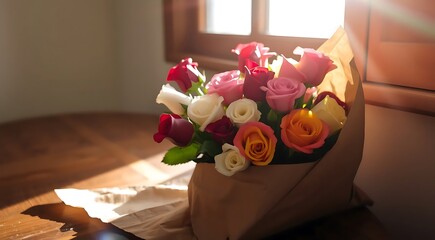 A beautifully arranged bouquet of roses in various colors—red, pink, white, and yellow—wrapped in rustic brown paper. The bouquet is placed on a wooden table by a sunlit window, with soft rays creatin