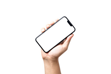 Smartphone mockup , Isolated of hand holding mobile phone with blank screen frame template on white background , clipping path.