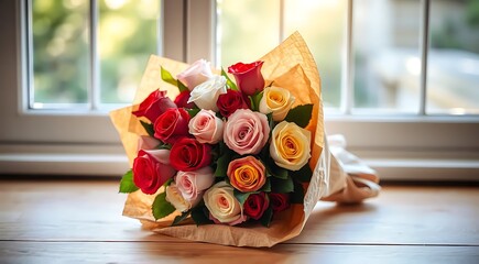A beautifully arranged bouquet of roses in various colors—red, pink, white, and yellow—wrapped in rustic brown paper. The bouquet is placed on a wooden table by a sunlit window, with soft rays creatin