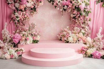 Pink podium with flowers on pastel background for award ceremony aerial view 