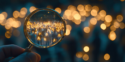  Featuring a Man with a Magnifying Glass Emphasizing a Circle of People Icons, Representing Audience Targeting, Digital Marketing Strategies, Online Recruitment, Talent Search, Business Discovery,