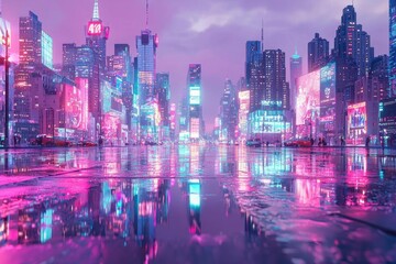 Neon Cityscape Reflections After Rain